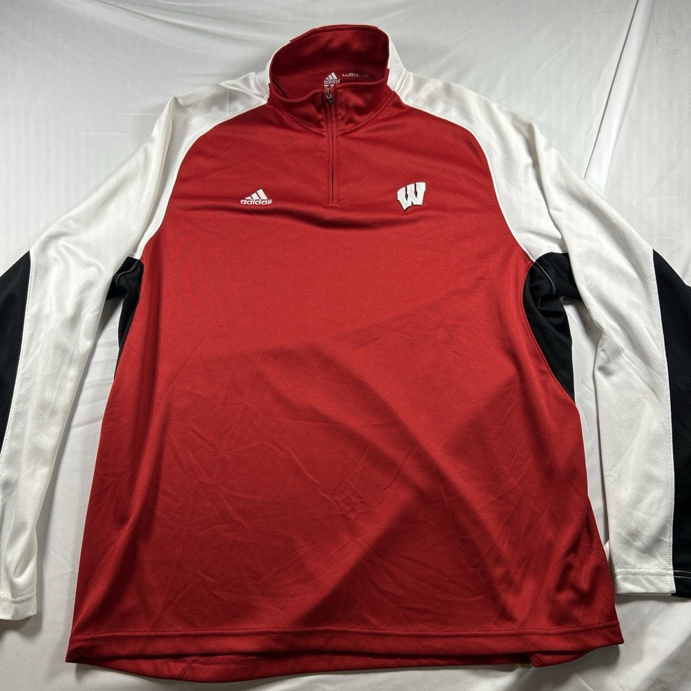 Wisconsin Badgers Sweater Men Extra Large Red White Adidas Climalite 1/4 Zip XL